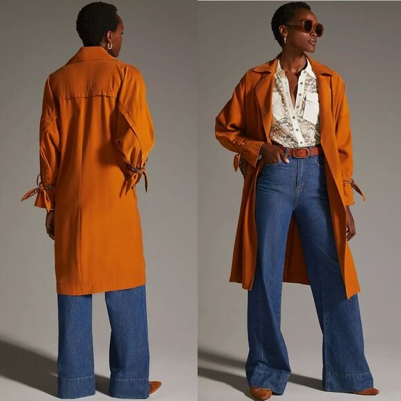 NWT By Anthropologie Draped Trench Coat in Copper Size Small - Picture 2 of 9